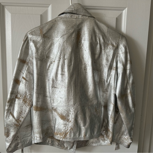 NWOT GIMO'S Cropped Leather Biker Jacket,  XS Silver Distressed LEATHER, - Picture 3 of 9